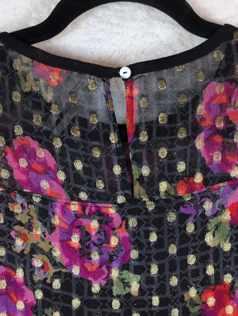 54-Anthropologie Black Sheer Floral Blouse with Gold Dots - Picture 7 of 7